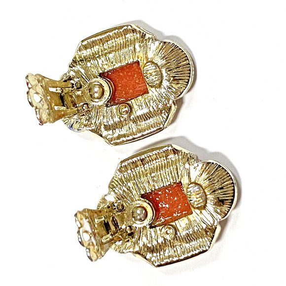 Vintage Coro Clip On Earrings Mid Century Textured Silvertone & Orange Art Glass - Picture 4 of 6